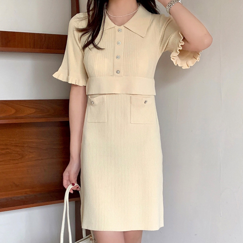 SM-K0027 Temperament kis illatú ing gallér, repülő ujjú, egyenes kötött ruha SM-K0027 Temperament kis illatú ing gallér, repülő ujjú, egyenes kötött ruha