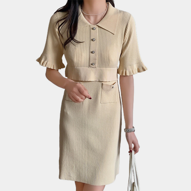 SM-K0027 Temperament kis illatú ing gallér, repülő ujjú, egyenes kötött ruha SM-K0027 Temperament kis illatú ing gallér, repülő ujjú, egyenes kötött ruha