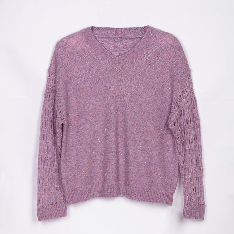 SM-K0040 V-nyakú vágott flitteres mohair kötött pulóver szuper tündér kivágott ujjak