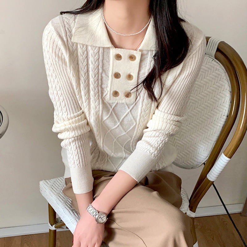 SM-K0026 kétsoros, kis hajtókás női ingázó hosszú ujjú kötött pulóver SM-K0026 kétsoros, kis hajtókás női ingázó hosszú ujjú kötött pulóver