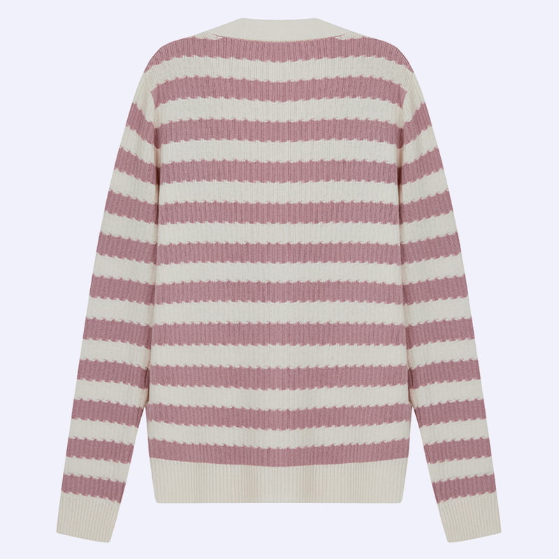 ML2204 rózsaszín és fehér csíkos V-nyakú kötött kardigán pulóver dzseki ML2204 rózsaszín és fehér csíkos V-nyakú kötött kardigán pulóver dzseki