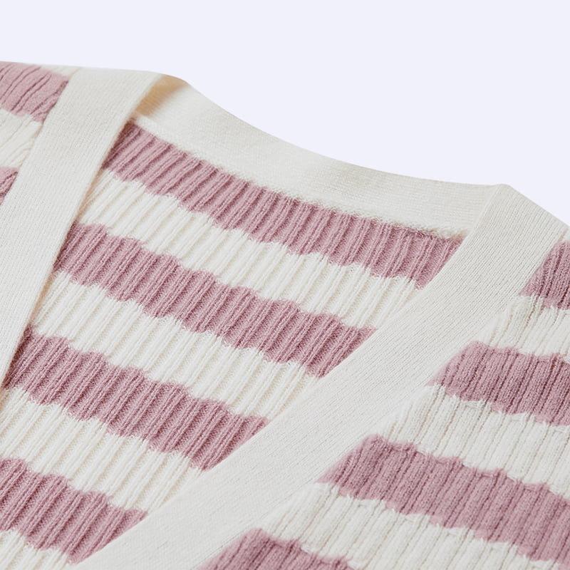 ML2204 rózsaszín és fehér csíkos V-nyakú kötött kardigán pulóver dzseki ML2204 rózsaszín és fehér csíkos V-nyakú kötött kardigán pulóver dzseki