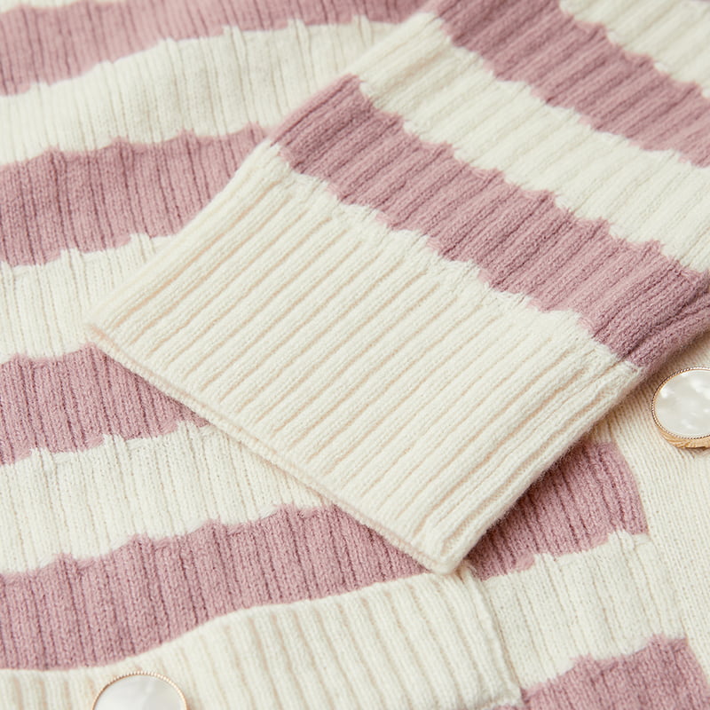 ML2204 rózsaszín és fehér csíkos V-nyakú kötött kardigán pulóver dzseki ML2204 rózsaszín és fehér csíkos V-nyakú kötött kardigán pulóver dzseki