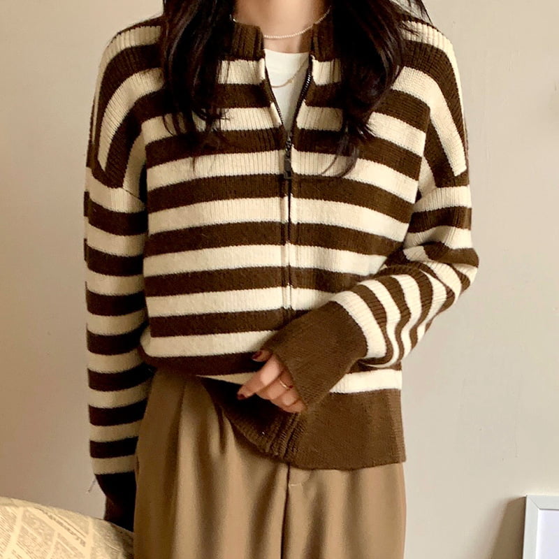 SM-K0029 tavaszi női kerek nyakú pulóver, csíkos cipzáras pulóver kötött kardigán SM-K0029 tavaszi női kerek nyakú pulóver, csíkos cipzáras pulóver kötött kardigán