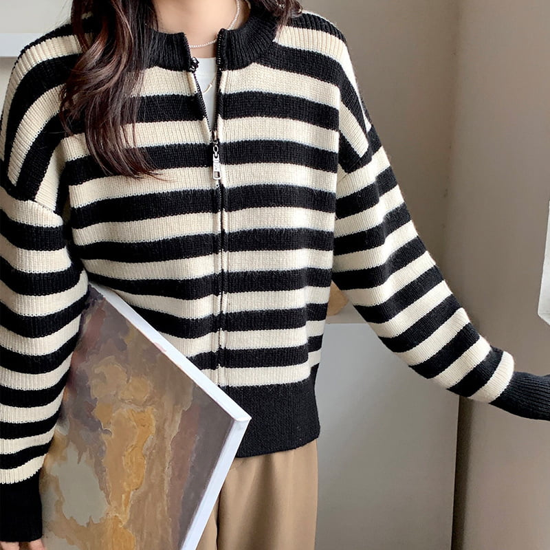 SM-K0029 tavaszi női kerek nyakú pulóver, csíkos cipzáras pulóver kötött kardigán SM-K0029 tavaszi női kerek nyakú pulóver, csíkos cipzáras pulóver kötött kardigán