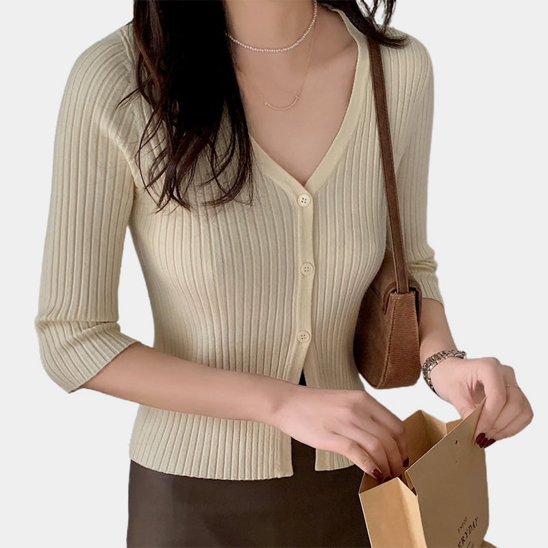 SM-K0023 tavaszi női egysoros V-nyakú, közepes hosszúságú ujjú, vékonyan illeszkedő kötött kardigán SM-K0023 tavaszi női egysoros V-nyakú, közepes hosszúságú ujjú, vékonyan illeszkedő kötött kardigán
