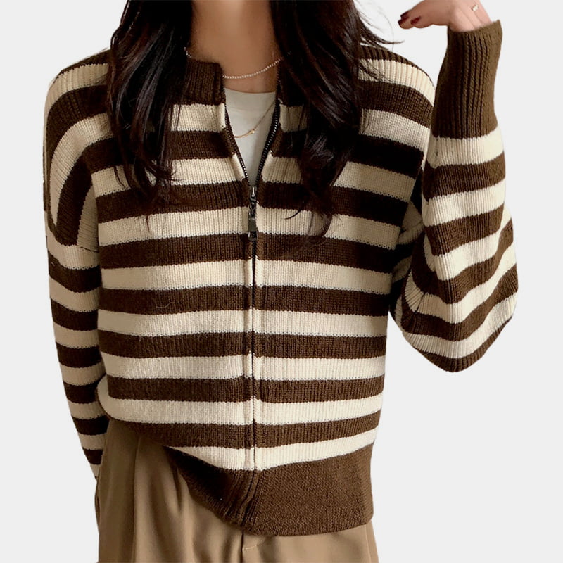SM-K0029 tavaszi női kerek nyakú pulóver, csíkos cipzáras pulóver kötött kardigán SM-K0029 tavaszi női kerek nyakú pulóver, csíkos cipzáras pulóver kötött kardigán