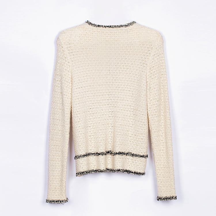 SM-K0049 Kontraszt színű kerek nyakú kis illatú rojtos kötött kardigán SM-K0049 Kontraszt színű kerek nyakú kis illatú rojtos kötött kardigán