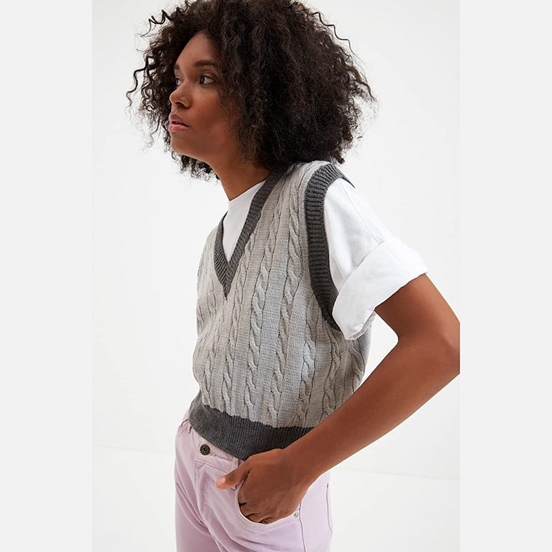 SM-K0100 Exquisite kontrasztos V-nyakú kötött mellény SM-K0100 Exquisite kontrasztos V-nyakú kötött mellény