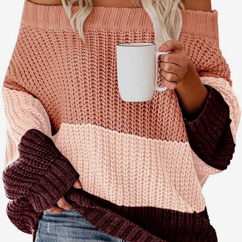 SM-K0080 környakú, hosszú ujjú kontrasztos patchwork gyapjú kötött pulóver