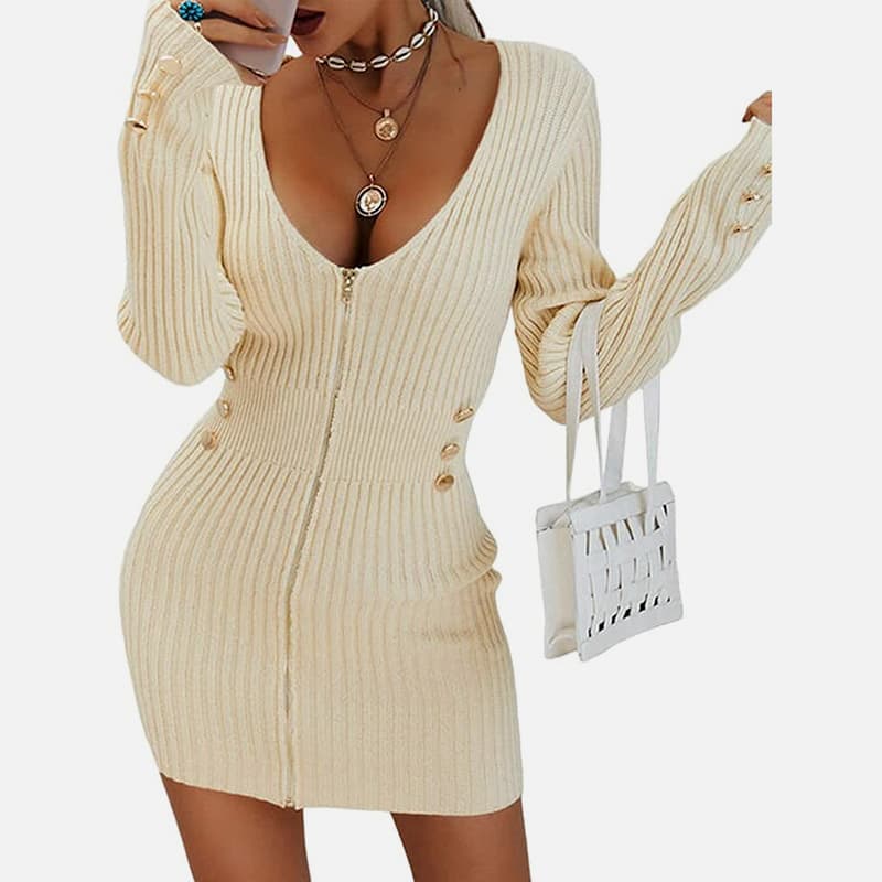 SM-K0078 V-nyakú, hosszú ujjú, cipzáras, rövid vékony kötött ruha SM-K0078 V-nyakú, hosszú ujjú, cipzáras, rövid vékony kötött ruha