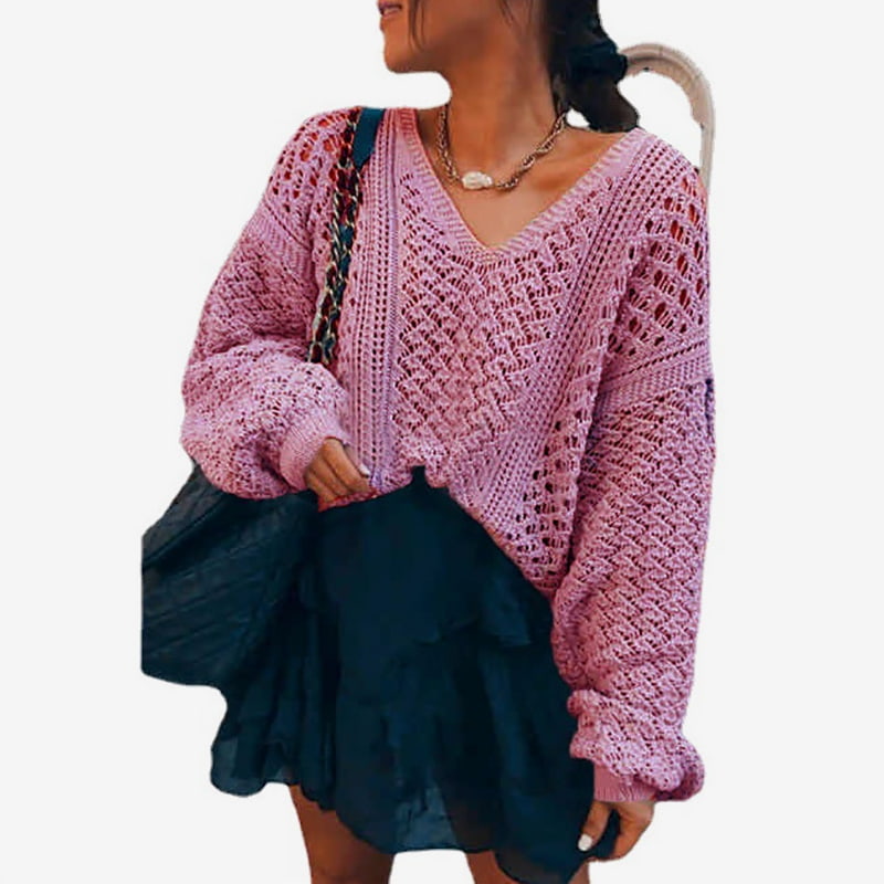 SM-K0082 Egyszínű V-nyakú, üreges kötött pulóver, kötött pulóver SM-K0082 Egyszínű V-nyakú, üreges kötött pulóver, kötött pulóver