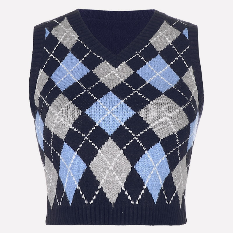 SM-K0058 V-nyakú, rövid kötött mellény geometriai kockás minta SM-K0058 V-nyakú, rövid kötött mellény geometriai kockás minta