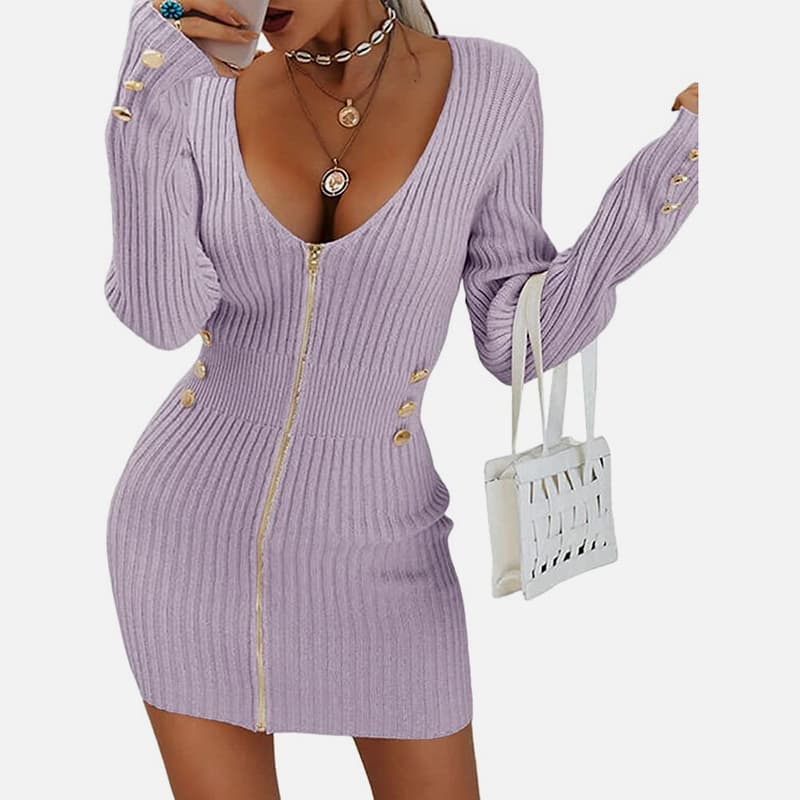 SM-K0078 V-nyakú, hosszú ujjú, cipzáras, rövid vékony kötött ruha SM-K0078 V-nyakú, hosszú ujjú, cipzáras, rövid vékony kötött ruha