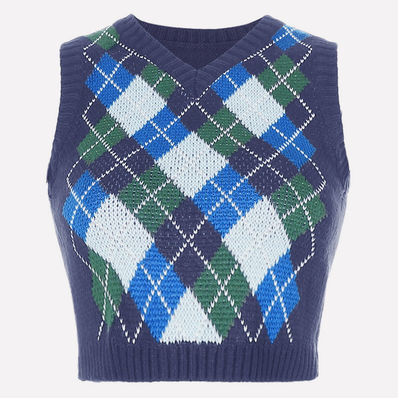 SM-K0058 V-nyakú, rövid kötött mellény geometriai kockás minta SM-K0058 V-nyakú, rövid kötött mellény geometriai kockás minta
