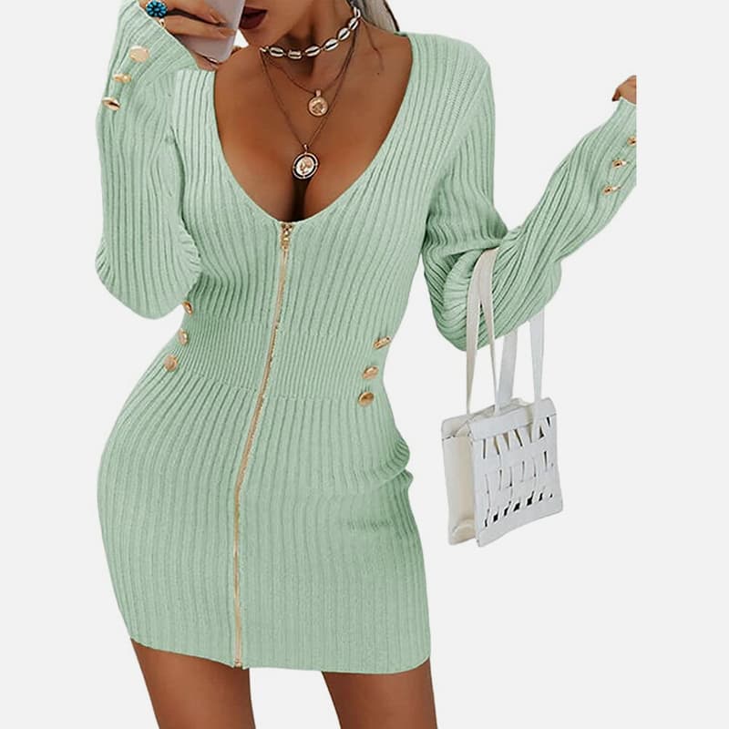 SM-K0078 V-nyakú, hosszú ujjú, cipzáras, rövid vékony kötött ruha SM-K0078 V-nyakú, hosszú ujjú, cipzáras, rövid vékony kötött ruha