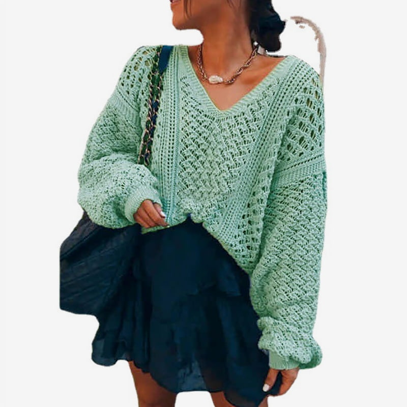 SM-K0082 Egyszínű V-nyakú, üreges kötött pulóver, kötött pulóver SM-K0082 Egyszínű V-nyakú, üreges kötött pulóver, kötött pulóver