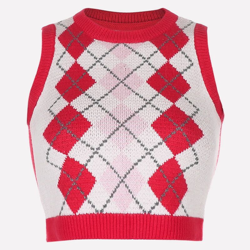 SM-K0058 V-nyakú, rövid kötött mellény geometriai kockás minta SM-K0058 V-nyakú, rövid kötött mellény geometriai kockás minta