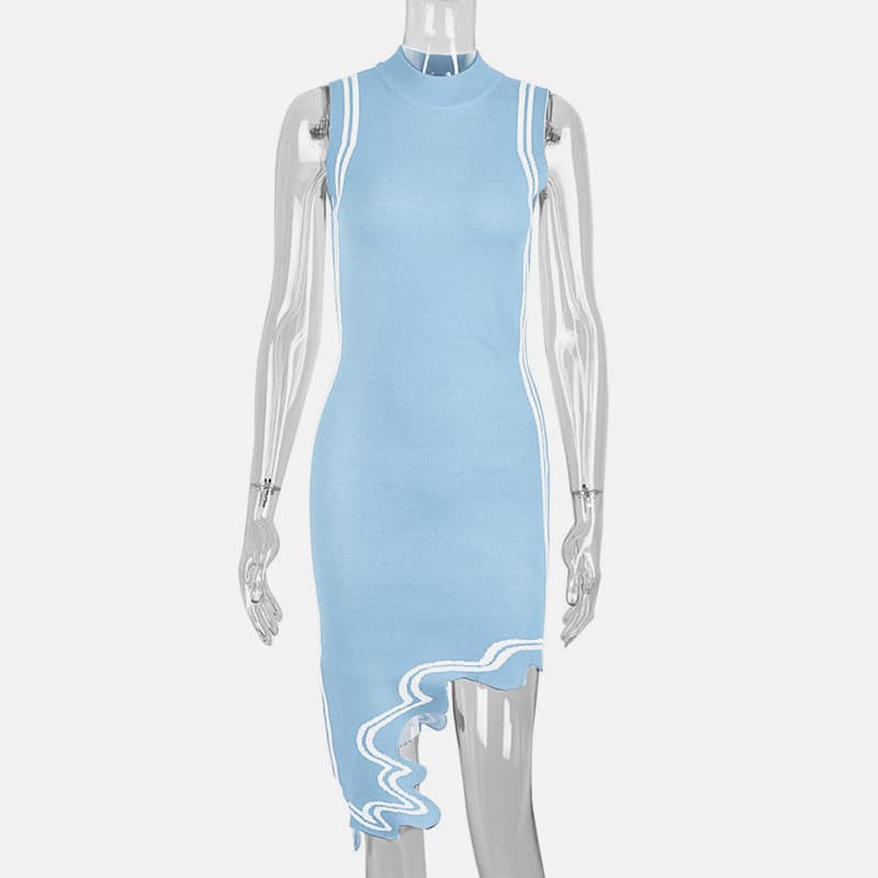 SM-K0079 Ujjatlan, húzott nyakú, szabálytalan csíkos aszimmetrikus kötött ruha SM-K0079 Ujjatlan, húzott nyakú, szabálytalan csíkos aszimmetrikus kötött ruha