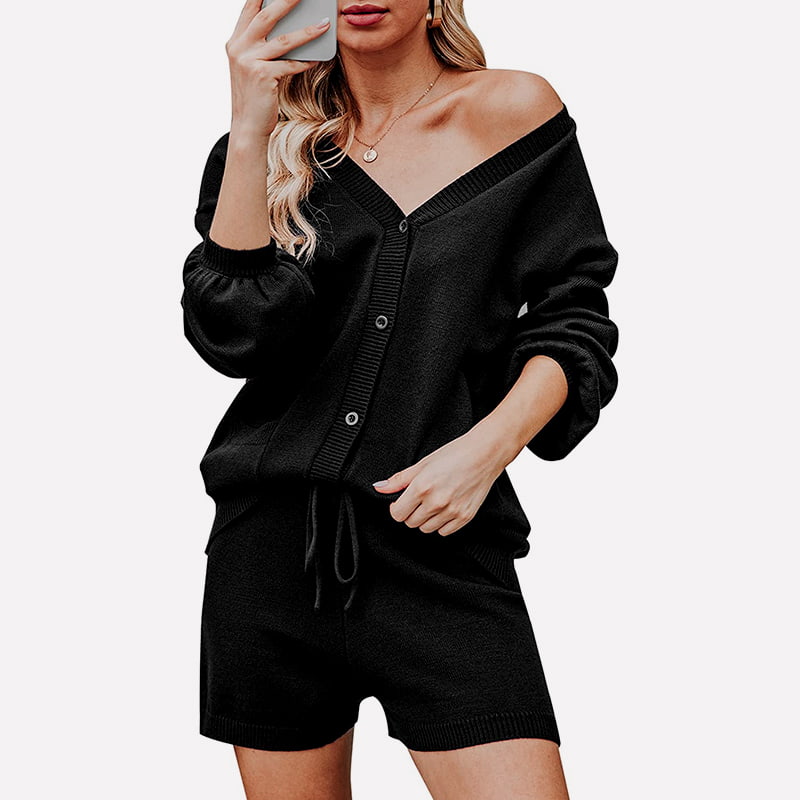 SM-K0092 V-nyakú Temperament Lantern ujjú rövidnadrág kabát kötött öltöny SM-K0092 V-nyakú Temperament Lantern ujjú rövidnadrág kabát kötött öltöny