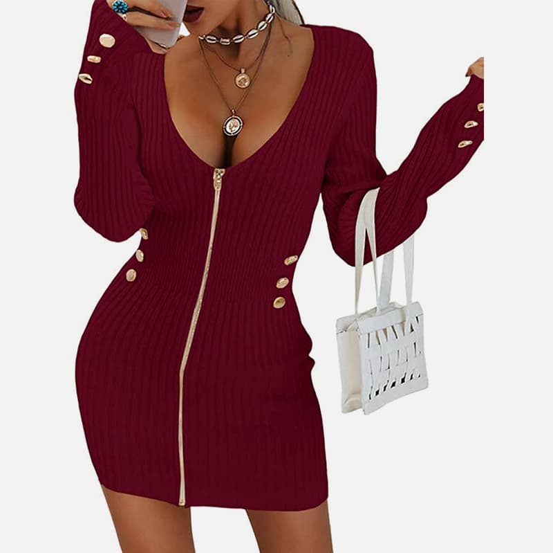 SM-K0078 V-nyakú, hosszú ujjú, cipzáras, rövid vékony kötött ruha SM-K0078 V-nyakú, hosszú ujjú, cipzáras, rövid vékony kötött ruha