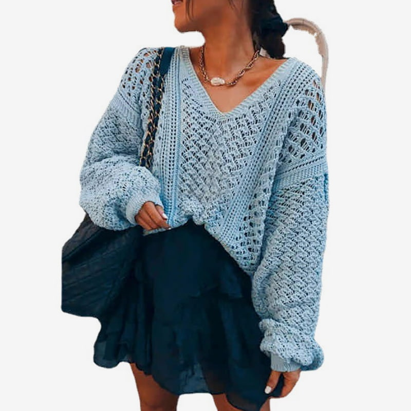 SM-K0082 Egyszínű V-nyakú, üreges kötött pulóver, kötött pulóver SM-K0082 Egyszínű V-nyakú, üreges kötött pulóver, kötött pulóver