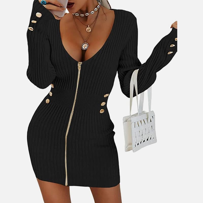 SM-K0078 V-nyakú, hosszú ujjú, cipzáras, rövid vékony kötött ruha SM-K0078 V-nyakú, hosszú ujjú, cipzáras, rövid vékony kötött ruha