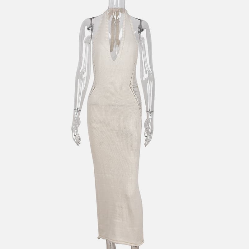 SM-K0073 V-nyakú, ujjatlan derék, egyszínű, kötött nyakú ruha SM-K0073 V-nyakú, ujjatlan derék, egyszínű, kötött nyakú ruha