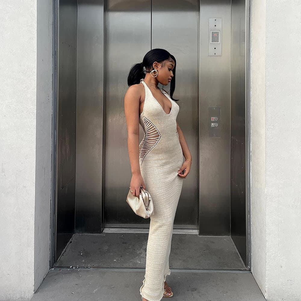 SM-K0073 V-nyakú, ujjatlan derék, egyszínű, kötött nyakú ruha SM-K0073 V-nyakú, ujjatlan derék, egyszínű, kötött nyakú ruha