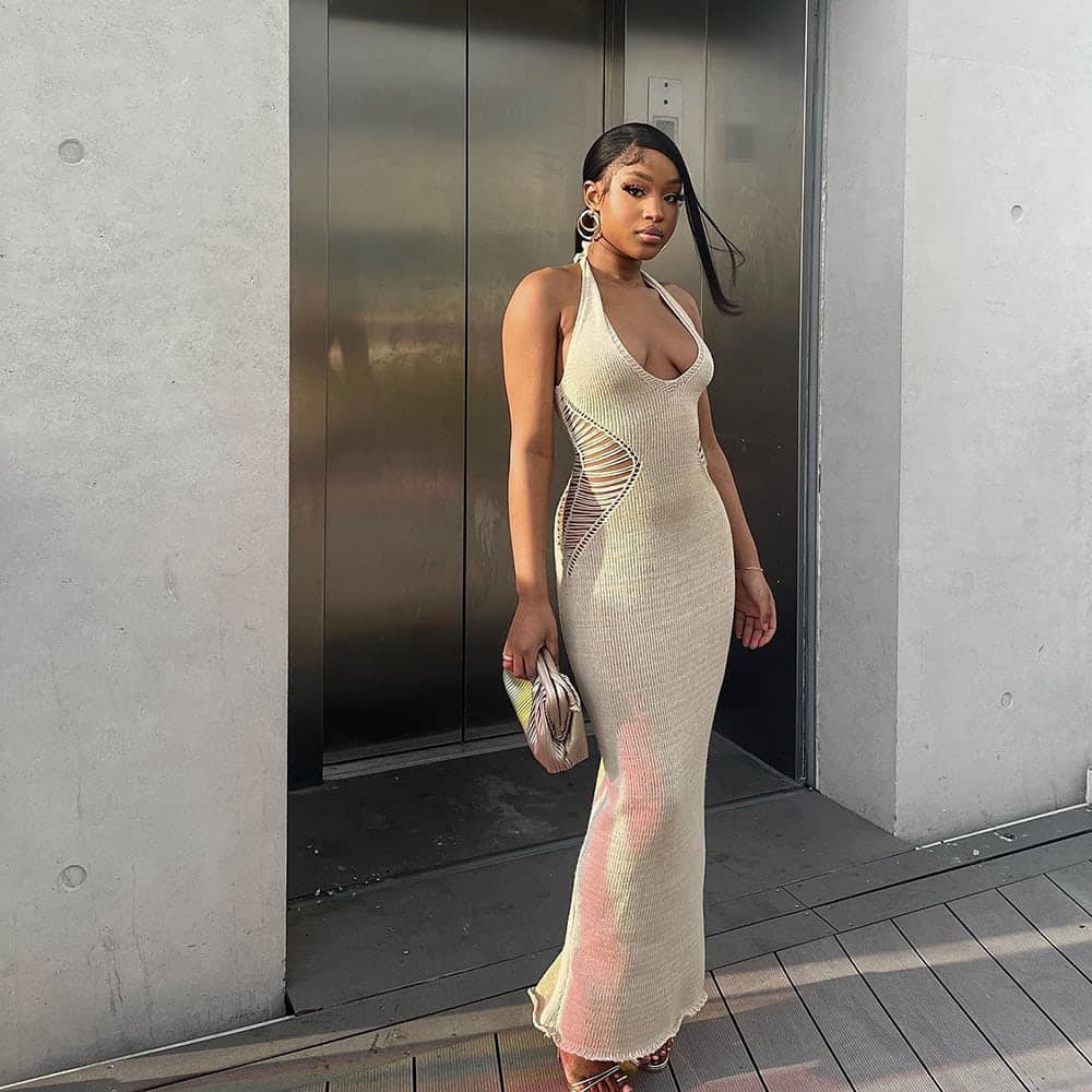 SM-K0073 V-nyakú, ujjatlan derék, egyszínű, kötött nyakú ruha SM-K0073 V-nyakú, ujjatlan derék, egyszínű, kötött nyakú ruha