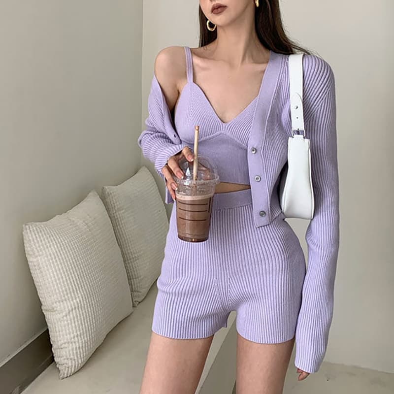 SM-K0112 Puha viaszos puha szexi mellény és kabát + rövidnadrág kötött öltöny SM-K0112 Puha viaszos puha szexi mellény és kabát + rövidnadrág kötött öltöny